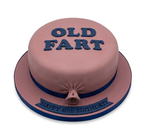 Round pinkish-brown cake with dark blue 'OLD FART' text, deflated balloon detail, and custom birthday message banner.