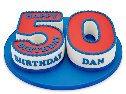Red, white, and blue number 50 birthday cake with 'Happy Birthday' message