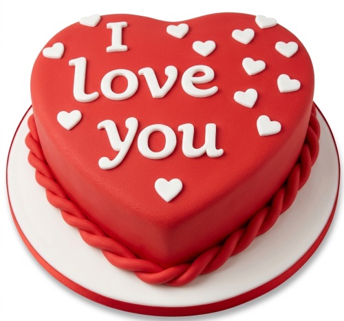 Red heart-shaped cake with white 'I love you' text and small white hearts, with a red braided border.