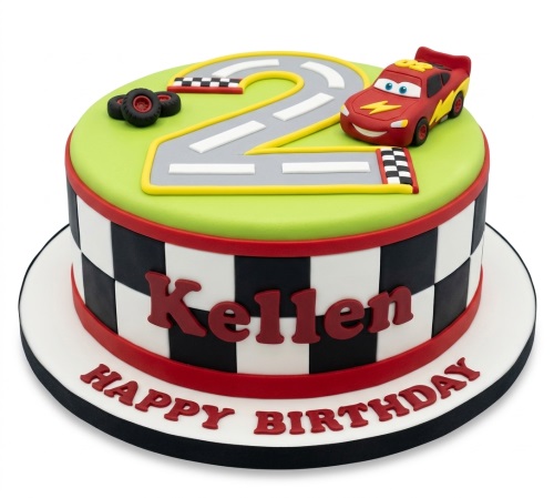 Round green racing car birthday cake with Lightning McQueen topper and custom age track.