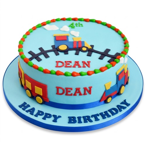 Round blue train theme birthday cake with custom age and name, featuring train tracks and carriages.