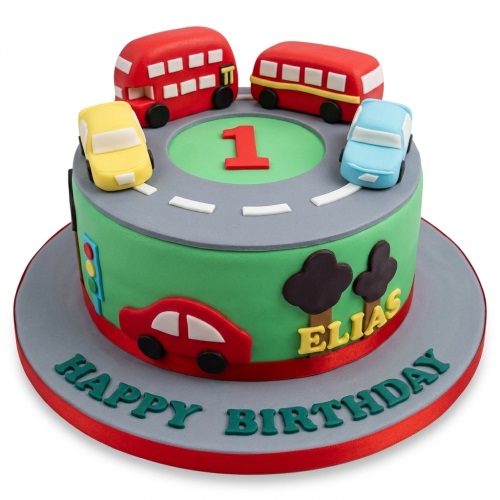 Kids birthday cake with green road design, red buses, yellow and blue cars, and a custom age topper.