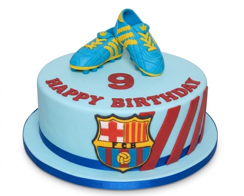 Round light blue fondant cake with red 'Happy Birthday' text, red number 9, FC Barcelona crest, and blue and yellow football boots on top.