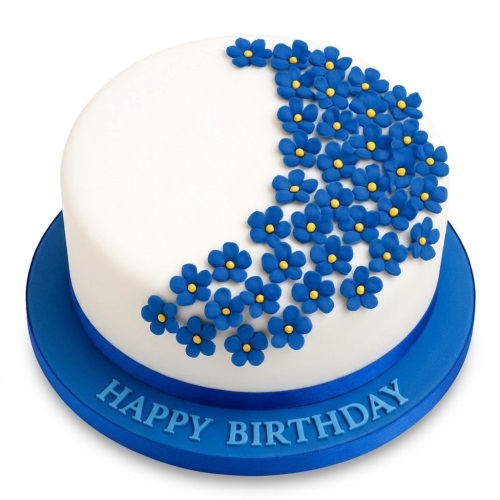 Round white birthday cake decorated with blue flowers and a blue 'Happy Birthday' message on the board.