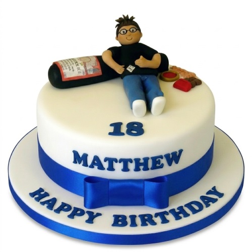 White single-tier adult birthday cake with a fondant male figure, bottle, and custom age topper.