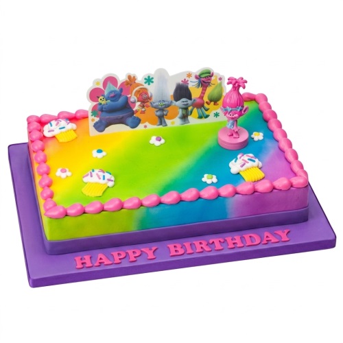Rectangular Trolls birthday cake with rainbow icing, character toppers, cupcake decorations, and pink piping.