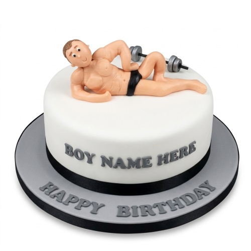 White round birthday cake with a male gym enthusiast figure and a personalised name message.