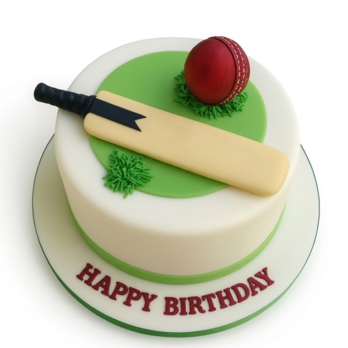 Round white and green cricket themed birthday cake with a bat and ball.