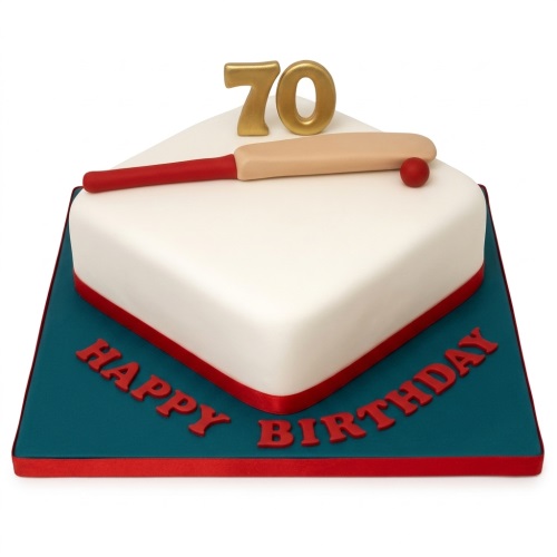 White square cricket theme birthday cake with edible bat, ball, and gold custom age topper on a teal board.