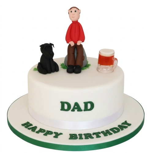 White birthday cake with a man, black dog, and beer mug edible toppers, with 'DAD' and 'HAPPY BIRTHDAY' messages.