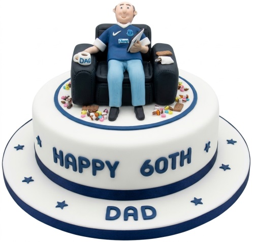 Round white and blue Everton football fan birthday cake with custom age and name.