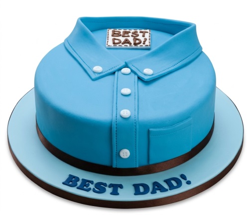 Round blue shirt themed birthday cake with white buttons, a collar, and a pocket, with a 'BEST DAD!' message on the cake board.