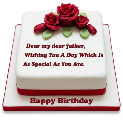 White square birthday cake with red roses, green leaves, and a red ribbon, featuring a custom message.
