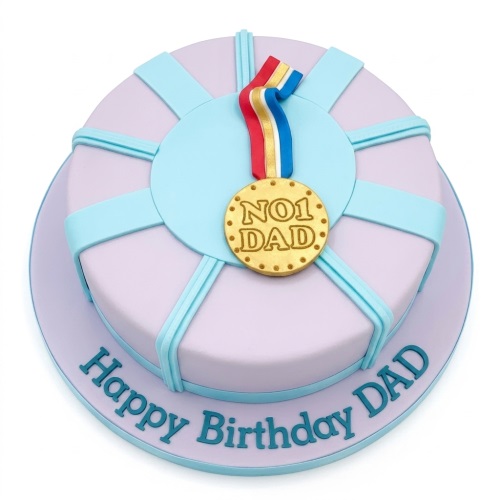 Two-tier round birthday cake with "No 1 DAD" gold medal and light blue ribbons, with "Happy Birthday Dad" message.