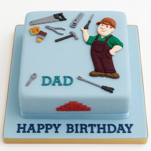 Light blue square cake with a handyman character, various tools, and customisable birthday messages.
