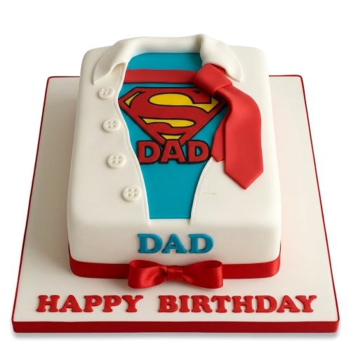 Rectangular white shirt cake with blue undershirt, red tie, and a red and yellow 'DAD' emblem. Red 'DAD' text and 'HAPPY BIRTHDAY' on the board.
