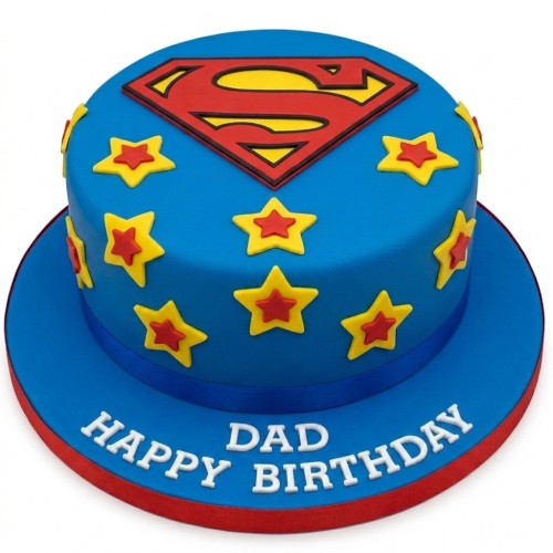 Round blue Superman birthday cake with red and yellow logo, yellow and red stars, and a custom message on the board.