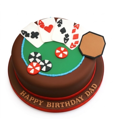 Round brown cake with a green poker table top, edible playing cards (aces), and poker chips.