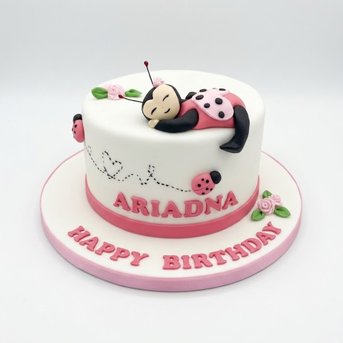 White round cake with sleeping pink ladybug, small ladybugs, pink roses, and personalised name on the side.