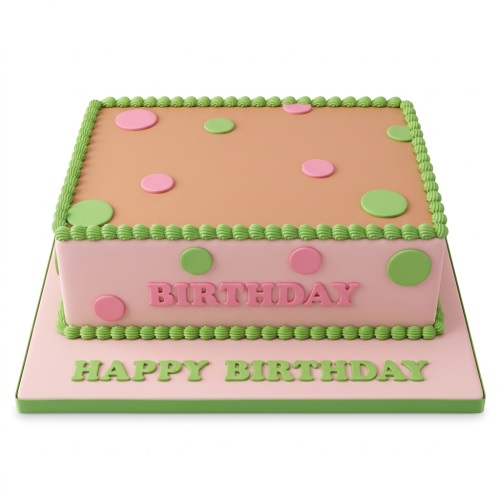 Square pink and green polka dot birthday cake with Happy Birthday message.