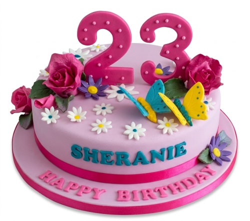 Pink round birthday cake with sugar roses, daisies, blue and yellow butterflies, and custom age topper.
