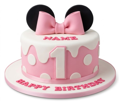 Round pink and white Minnie Mouse themed birthday cake with black ears, a pink bow, white polka dots, and a custom age topper.