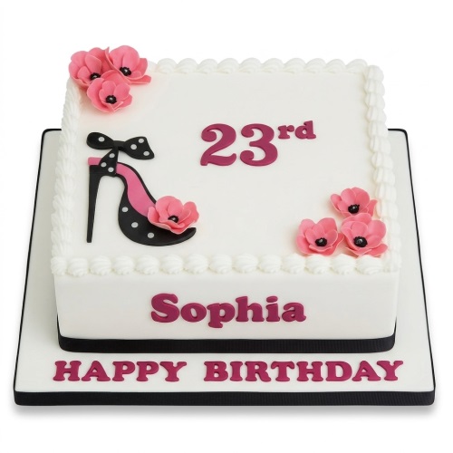 White square cake with pink and black high heel shoe, pink flowers, and custom age text.