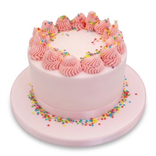 Round pink birthday cake with piped pink icing swirls and colourful sprinkles on top and around the base.