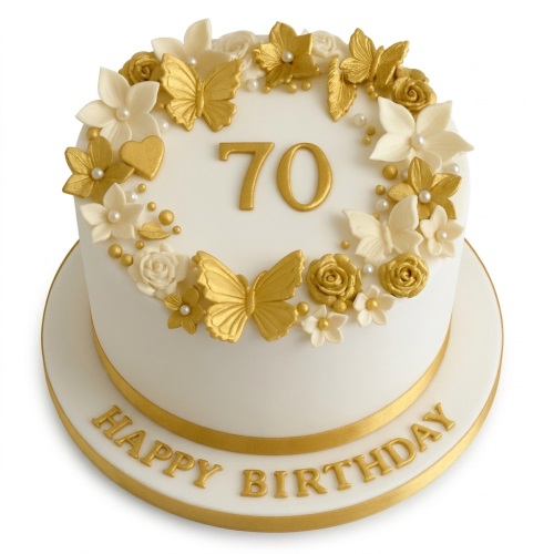 White round birthday cake with gold butterflies, white and gold flowers, and a gold number topper.