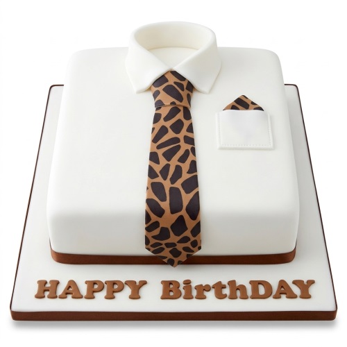 Square white shirt cake with a brown patterned tie and "Happy Birthday" message.
