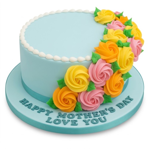 Round blue cake with vibrant yellow, pink, and orange buttercream roses and green leaves.