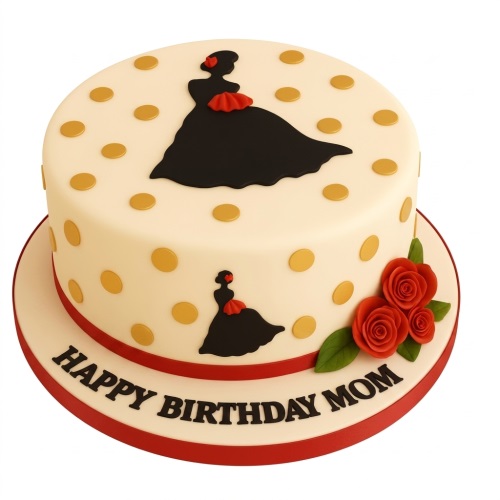 Round cream birthday cake with black lady silhouette, golden polka dots, and red roses, with a personalised message on the board.