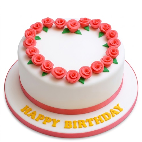 Round white birthday cake with pink fondant roses, green leaves, and a pink ribbon, with "Happy Birthday" written in yellow.