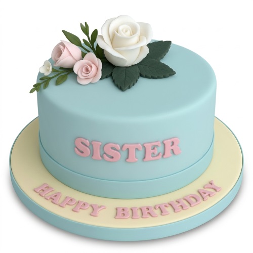 Round light blue birthday cake with pink and white sugar roses and green leaves. Features a personalised message.
