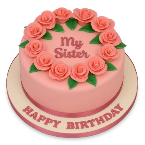 Pink round birthday cake with edible rose decorations and green leaves, with a custom message.