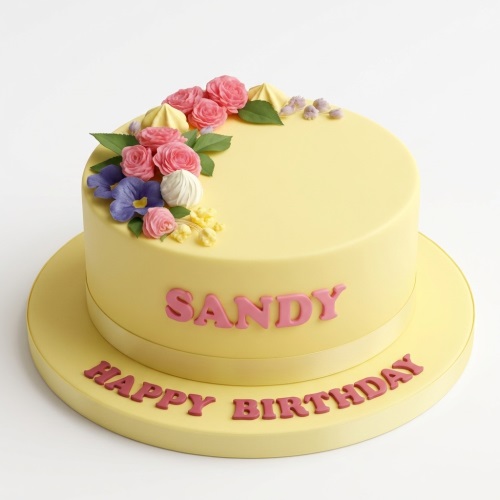 Round yellow birthday cake decorated with pink and purple sugar flowers, green leaves, and a personalised name.