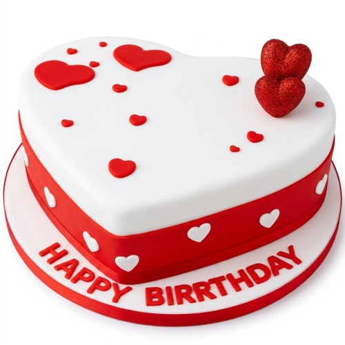 Heart-shaped birthday cake with red and white hearts and glitter toppers, with 'Happy Birthday' message.