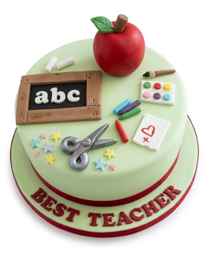 Two-tier light green cake decorated with an apple, blackboard, crayons, scissors, and 'BEST TEACHER' message.