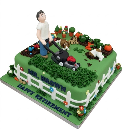 Gardening themed retirement cake with a man, lawnmower, dogs, and vegetable patch.