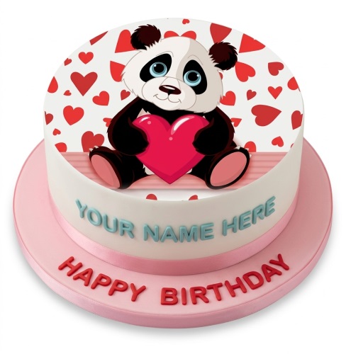 Round white birthday cake with a panda holding a pink heart on top, surrounded by red hearts, with a pink ribbon and custom name area.