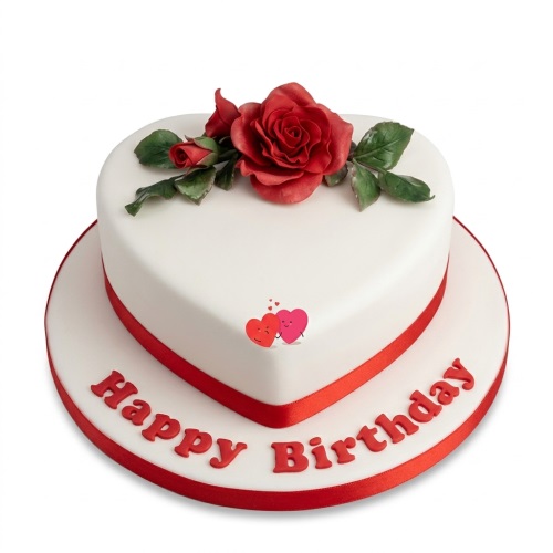 White heart-shaped cake with red sugar roses and green leaves, red ribbon, and 'Happy Birthday' message on the board.