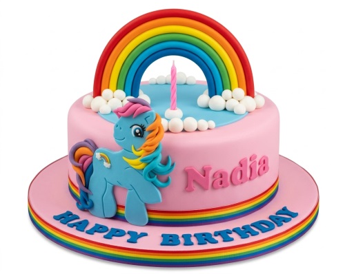 Pink birthday cake with blue My Little Pony, rainbow arch, white clouds, and a candle.
