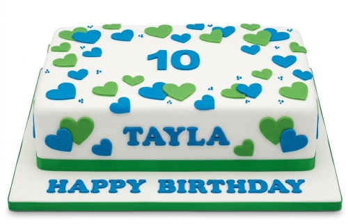 White rectangular birthday cake decorated with blue and green hearts, with custom age and name.