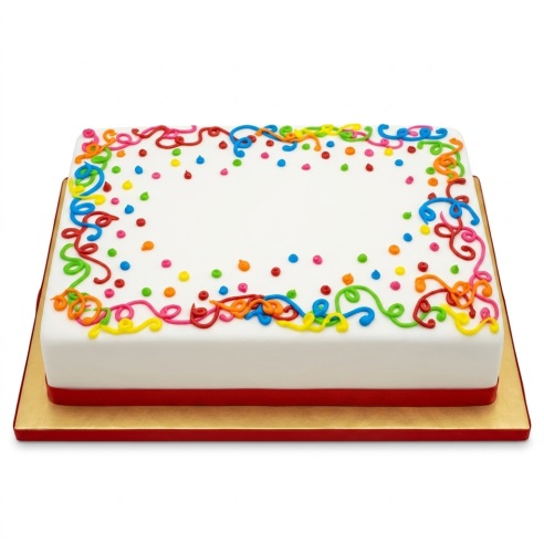 Rectangular white cake with multi-coloured sprinkles and piped icing streamers, red ribbon base.