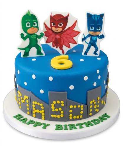 Blue PJ Masks birthday cake with Gekko, Owlette, Catboy toppers, custom age, and personalised name.