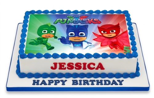 Rectangular PJ Masks birthday cake with Catboy, Owlette, Gekko edible image and blue icing border.