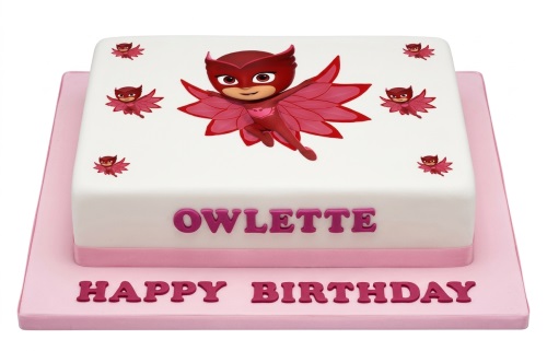 Square white birthday cake with Owlette PJ Masks character and "Happy Birthday" message.