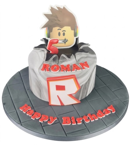 Roblox themed birthday cake with character topper, custom age, and personalised name.