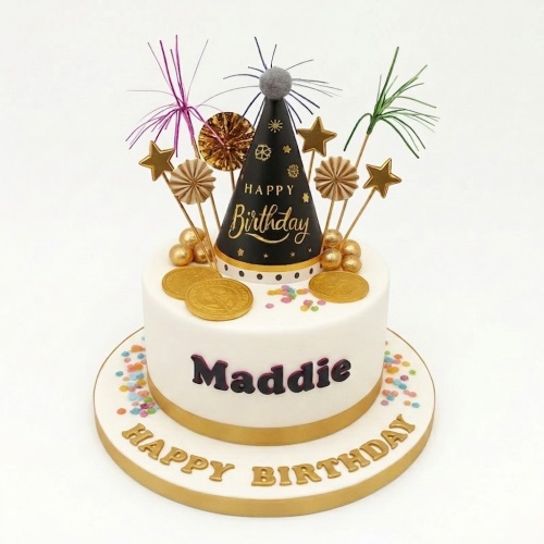 White birthday cake with black and gold party hat, stars, confetti, and custom message.