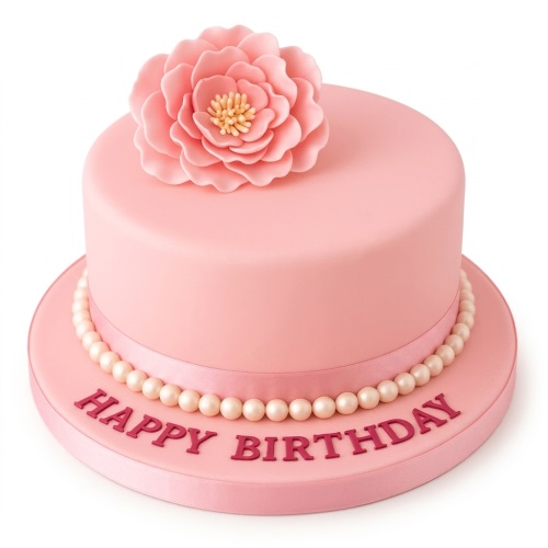 Pink round birthday cake with large sugar flower and edible pearl border, with Happy Birthday message.